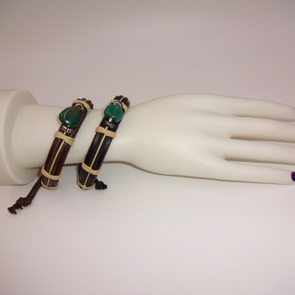 2 Brown Leather Tie Bracelets Green Stones Beads